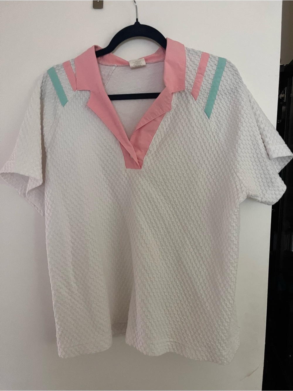 Women's White Textured Polo Top with Pink Trim and Mint Accents